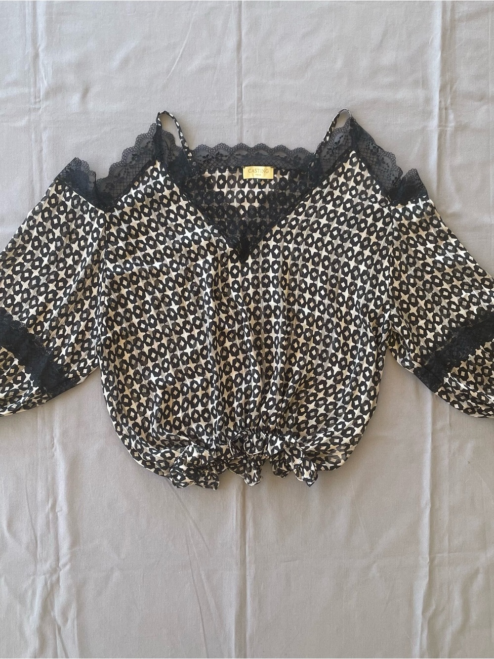 Casting Made In France Women’s Semi Sheer Blouse Sz 1 Black White Geometric Top